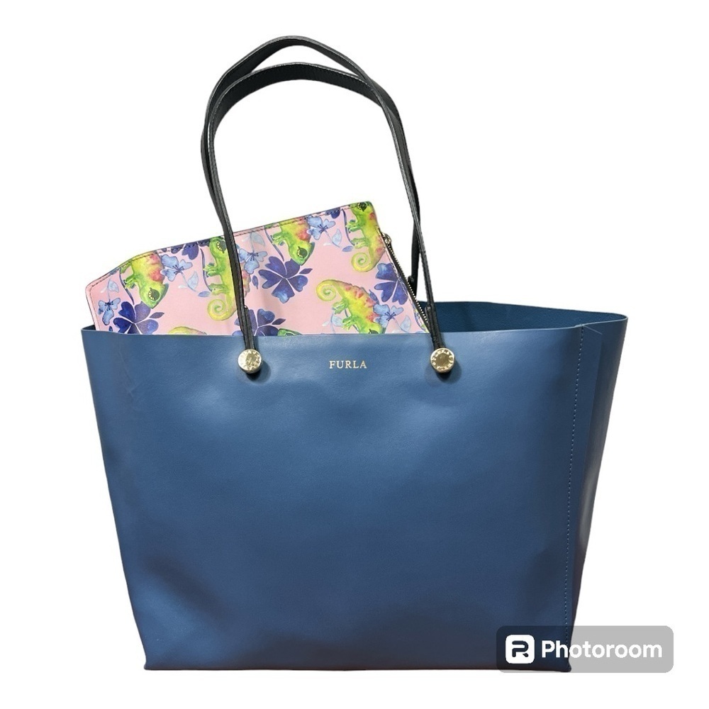 Furla Eden Tote Blue Leather with Interior Clutch Chameleon Print - Picture 1 of 16